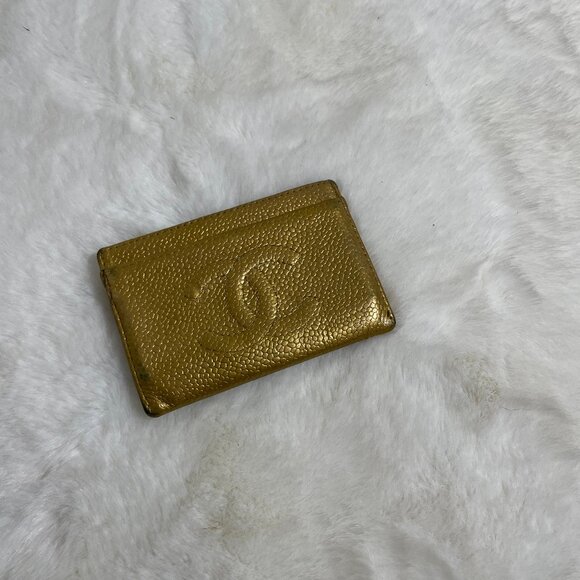 CHANEL Accessories - CHANEL CC Monogram Gold Caviar Leather Card Holder Wallet Pouch